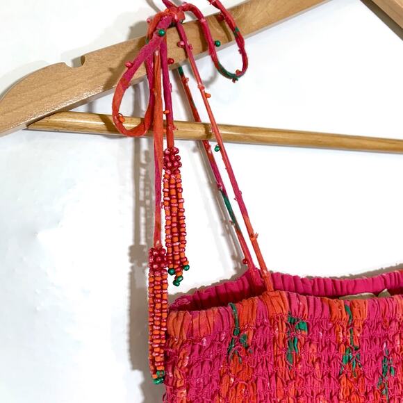 Farm Rio Red Pepper Smocked Tie Ruffle Hem Beaded Strap Dress Red Small - Picture 6 of 14